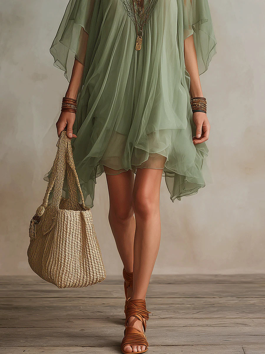 Robe Femme Courte Fluide en Mousseline à Col V