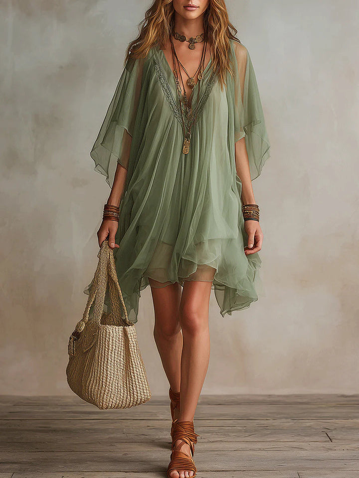 Robe Femme Courte Fluide en Mousseline à Col V