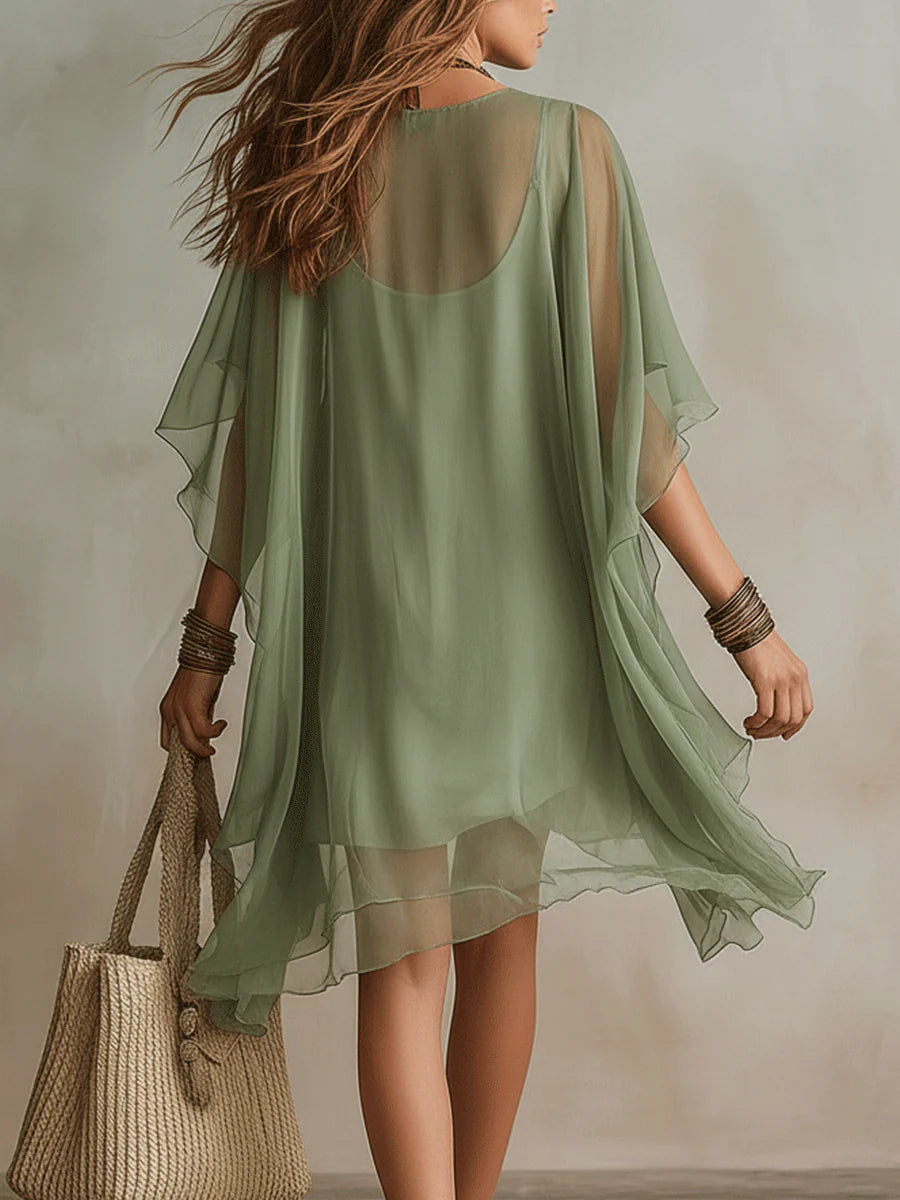 Robe Femme Courte Fluide en Mousseline à Col V