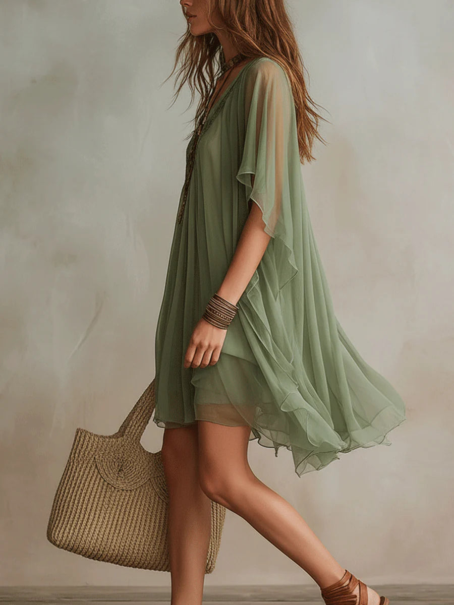 Robe Femme Courte Fluide en Mousseline à Col V
