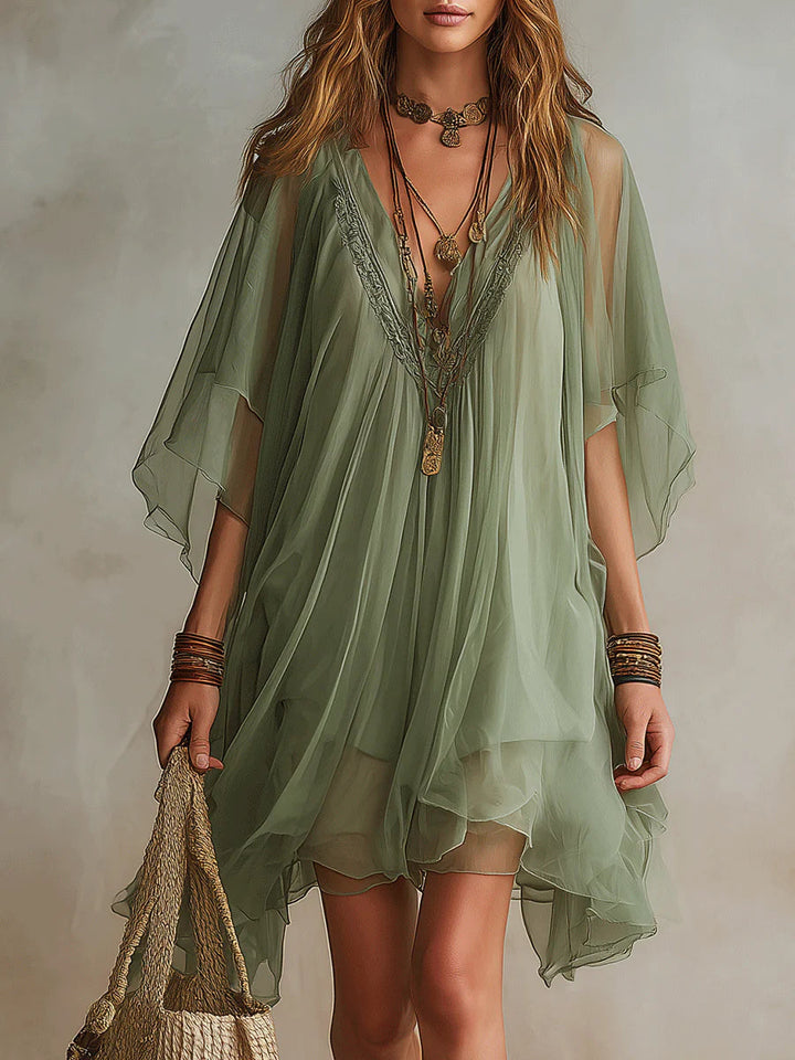 Robe Femme Courte Fluide en Mousseline à Col V