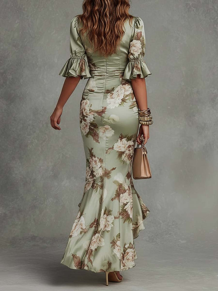 Robe Maxi Fleurie Élégante pour Femmes avec Décolleté Cache-Cœur et Volants