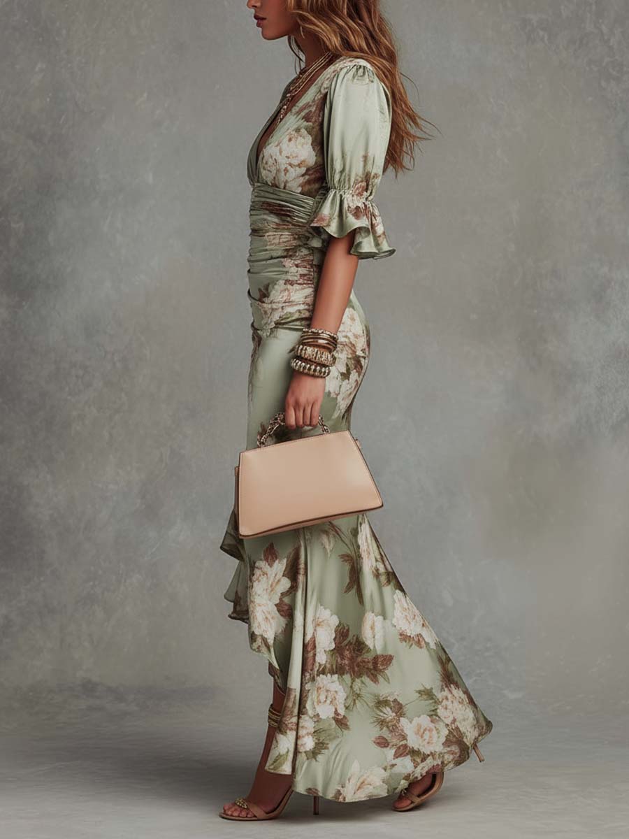Robe Maxi Fleurie Élégante pour Femmes avec Décolleté Cache-Cœur et Volants