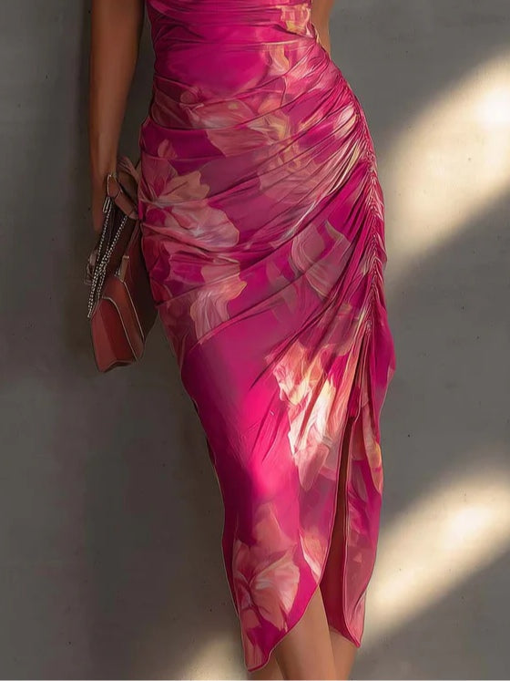 Vestito midi da donna drappeggiato con schiena scoperta e stampa floreale