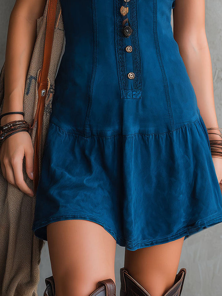 Robe Femme Courte Sans Manches à Col V Boutonné