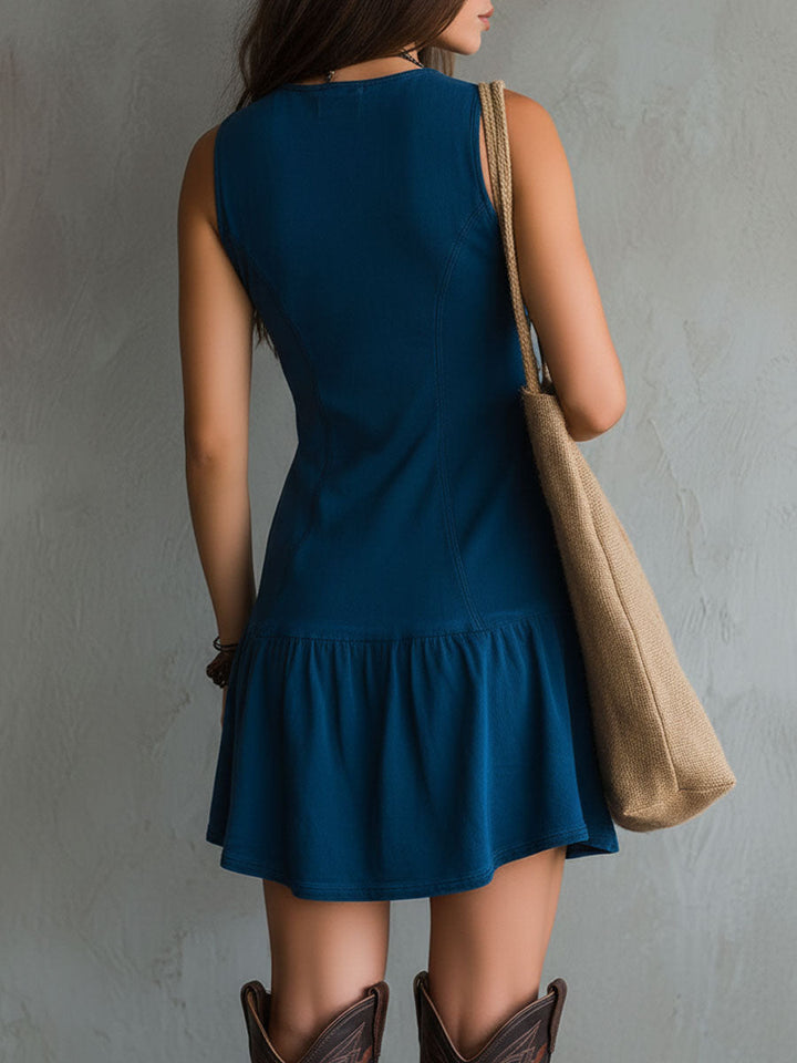 Robe Femme Courte Sans Manches à Col V Boutonné