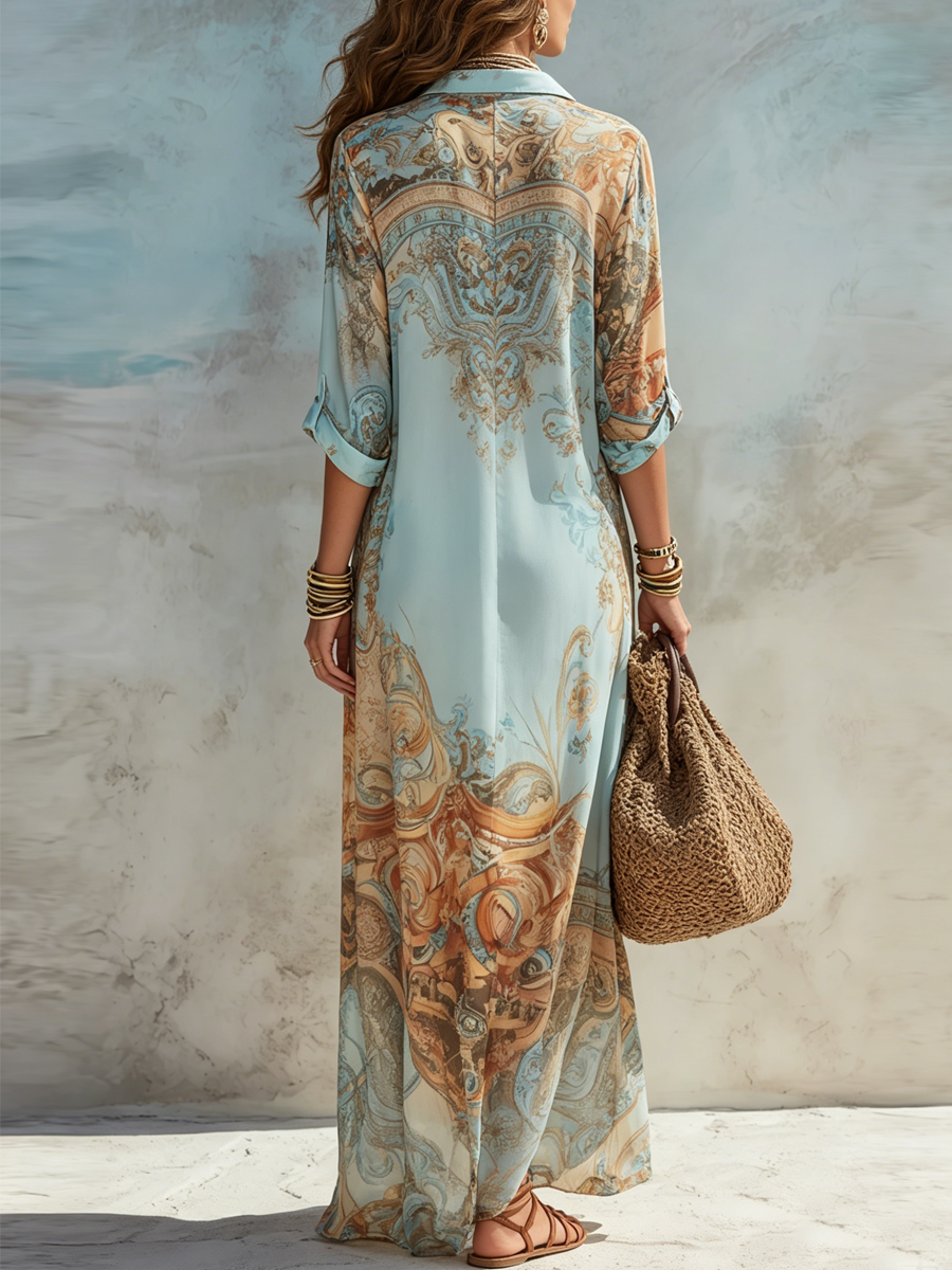 Robe Longue Méditerranéennes à Manches 3/4 et Imprimé Pour Femme