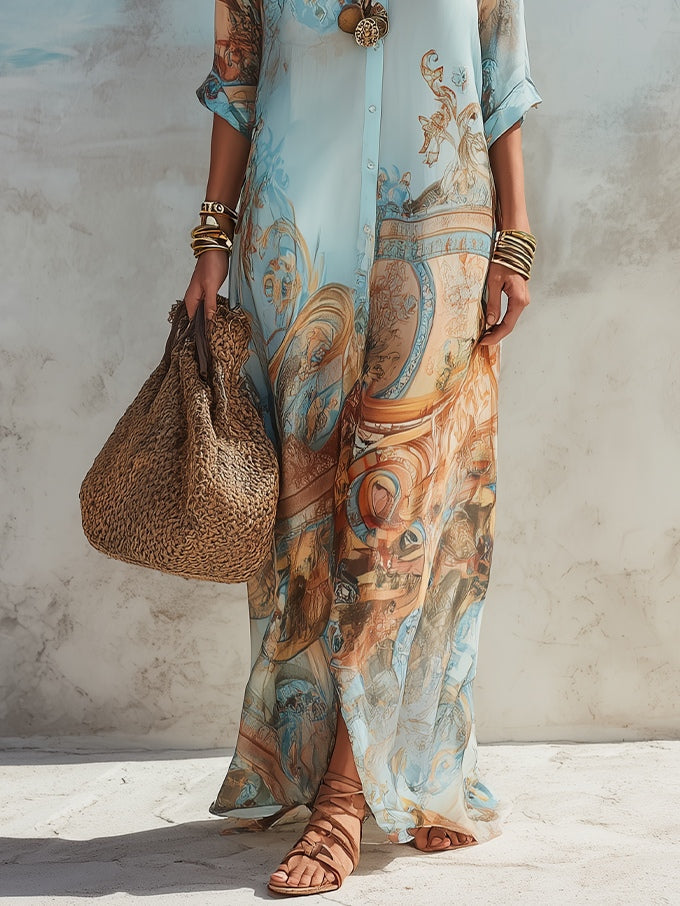 Robe Longue Méditerranéennes à Manches 3/4 et Imprimé Pour Femme