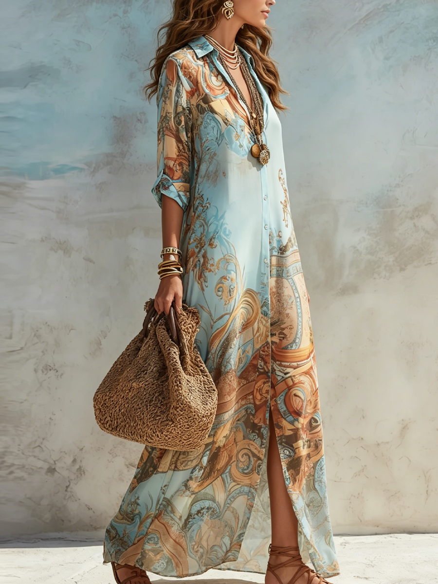 Robe Longue Méditerranéennes à Manches 3/4 et Imprimé Pour Femme