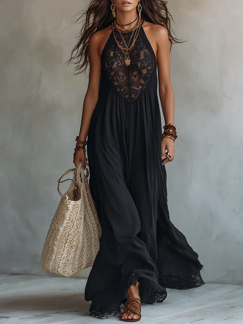 Women's Long Bohemian Lace Dress with Flowing Cut