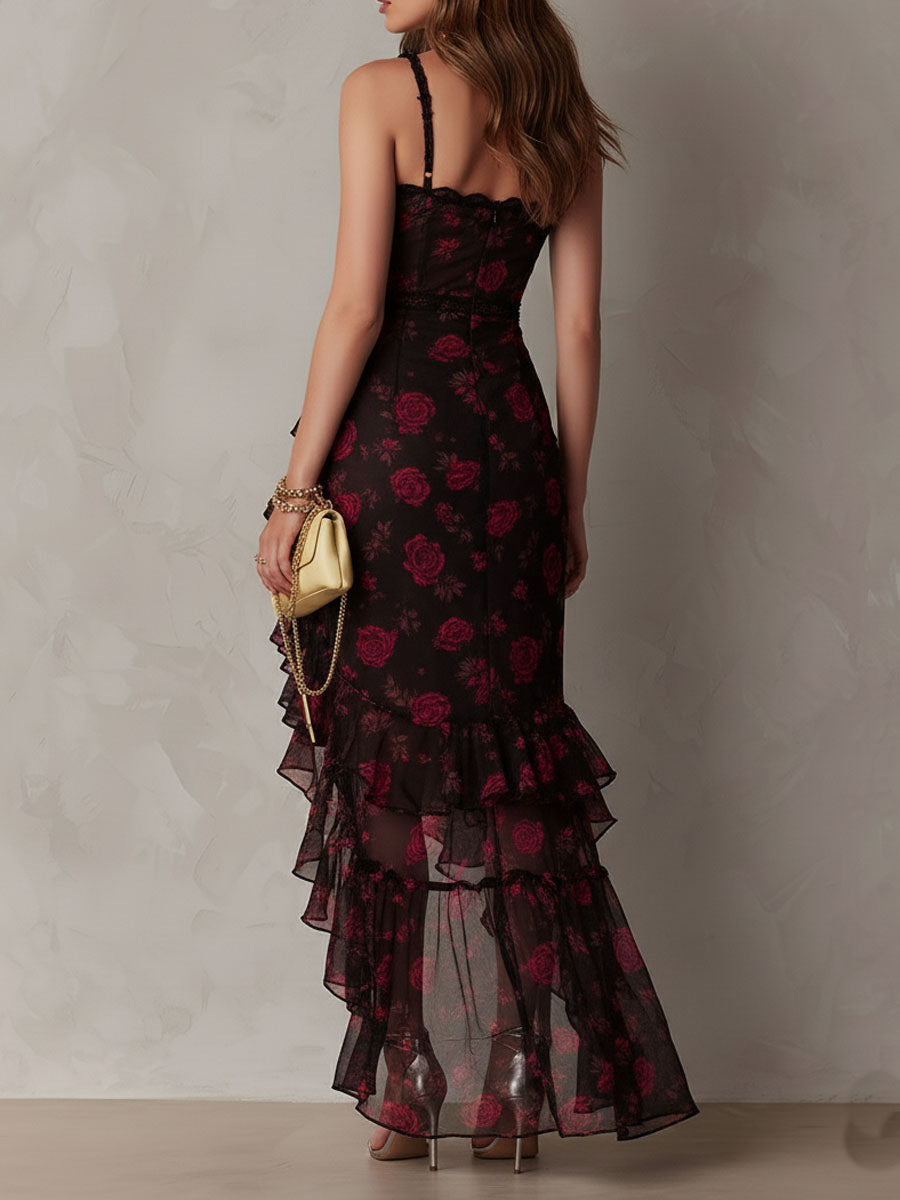 Robe de Soirée Fleurie Femme à Volants Asymétriques