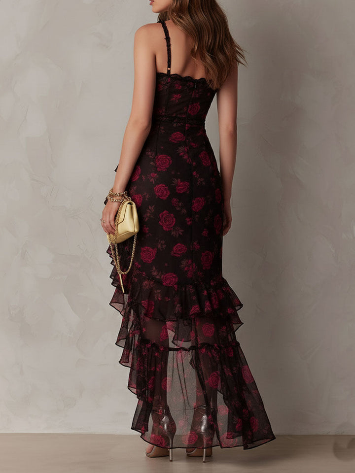 Robe de Soirée Fleurie Femme à Volants Asymétriques