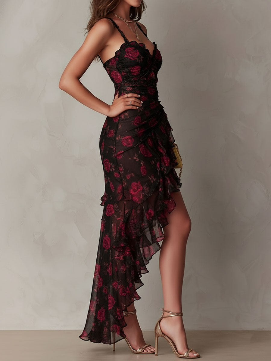 Robe de Soirée Fleurie Femme à Volants Asymétriques