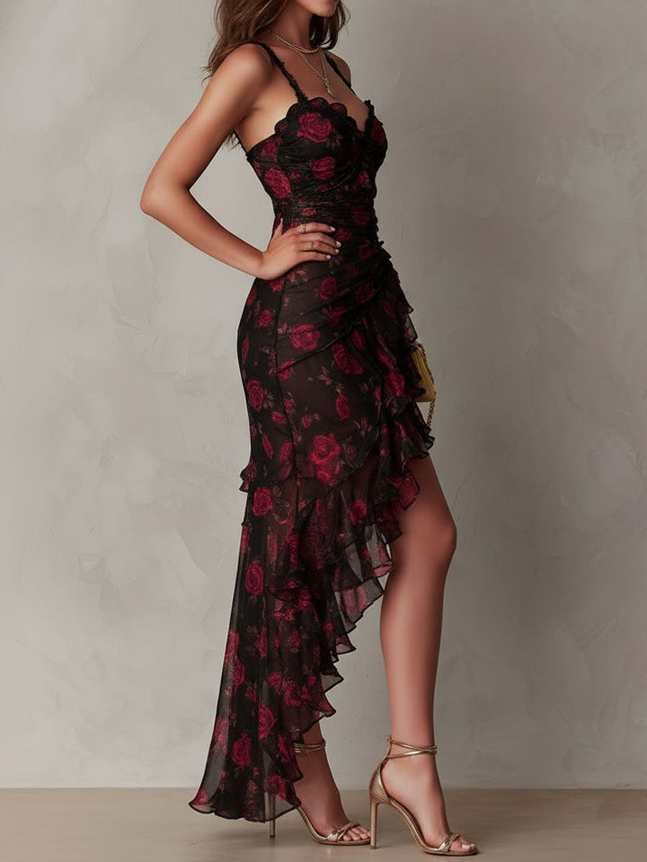Robe de Soirée Fleurie Femme à Volants Asymétriques