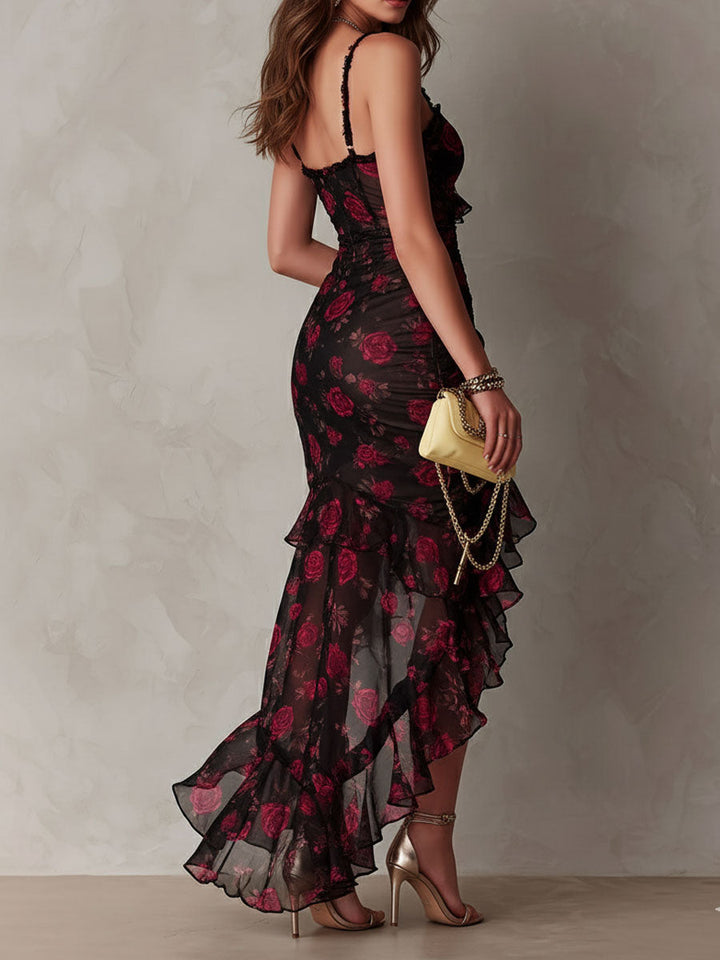 Robe de Soirée Fleurie Femme à Volants Asymétriques