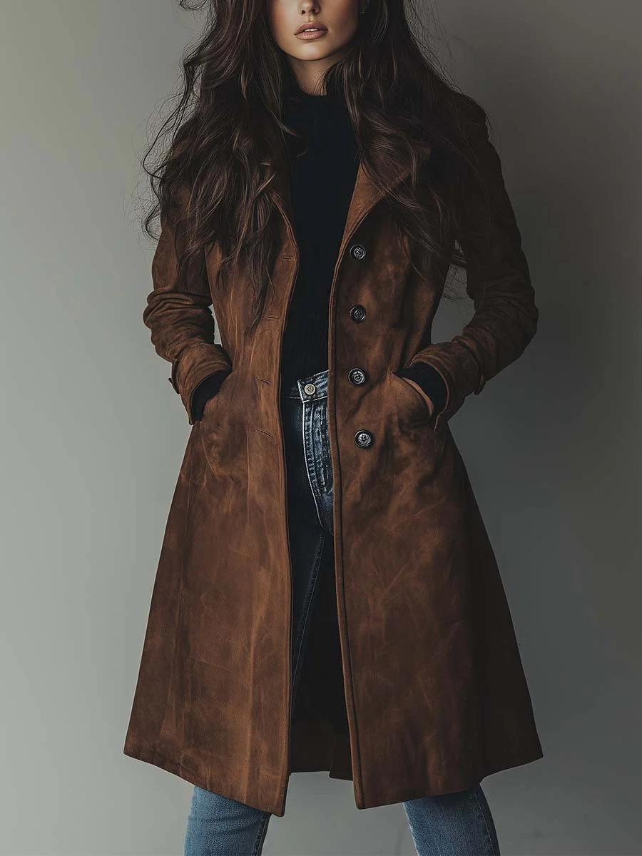 Buttoned Women's Trench Coat with Notched Collar
