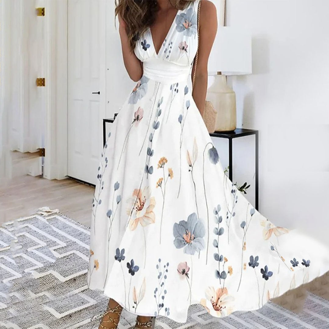 Robe Maxi Fleurie Évasée à Décolleté Croisé Élégant