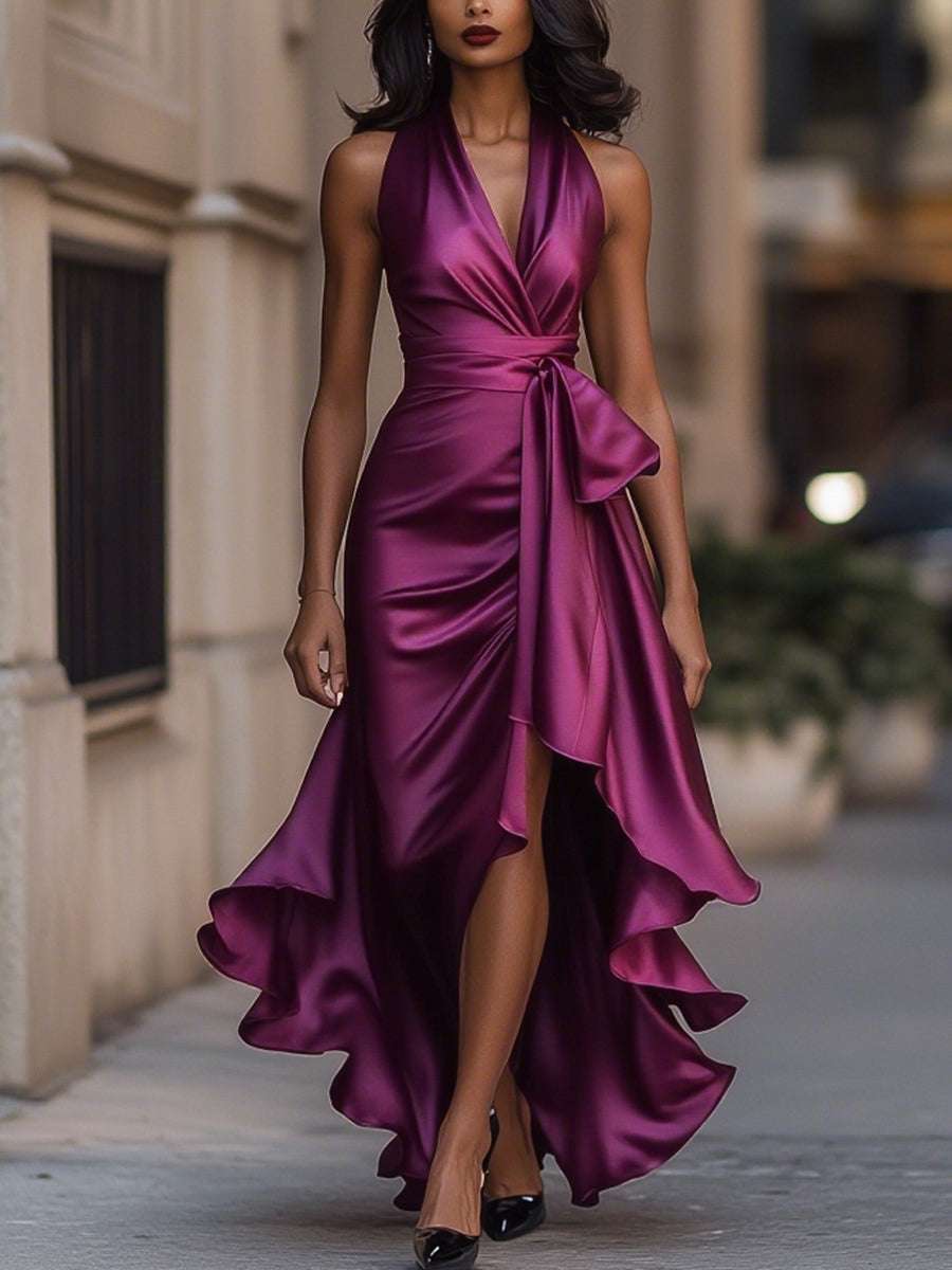 Elegant Draped Satin Maxi Dress for Women, Evening