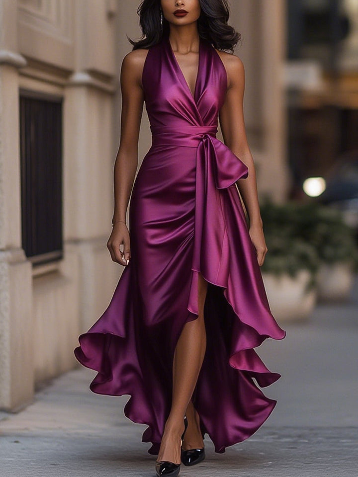 Elegant Draped Satin Maxi Dress for Women, Evening