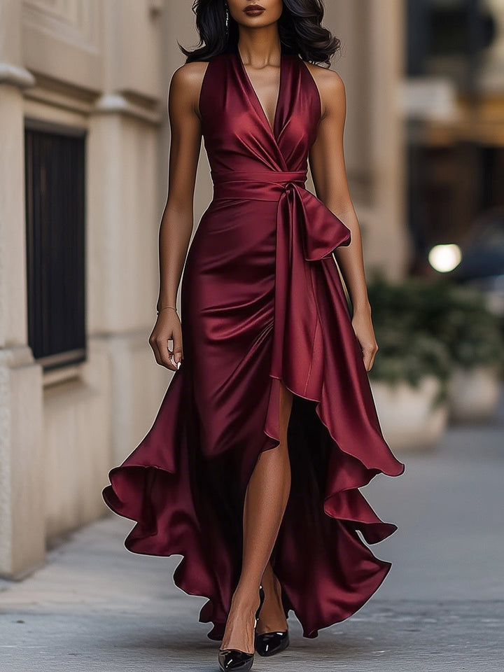 Elegant Draped Satin Maxi Dress for Women, Evening