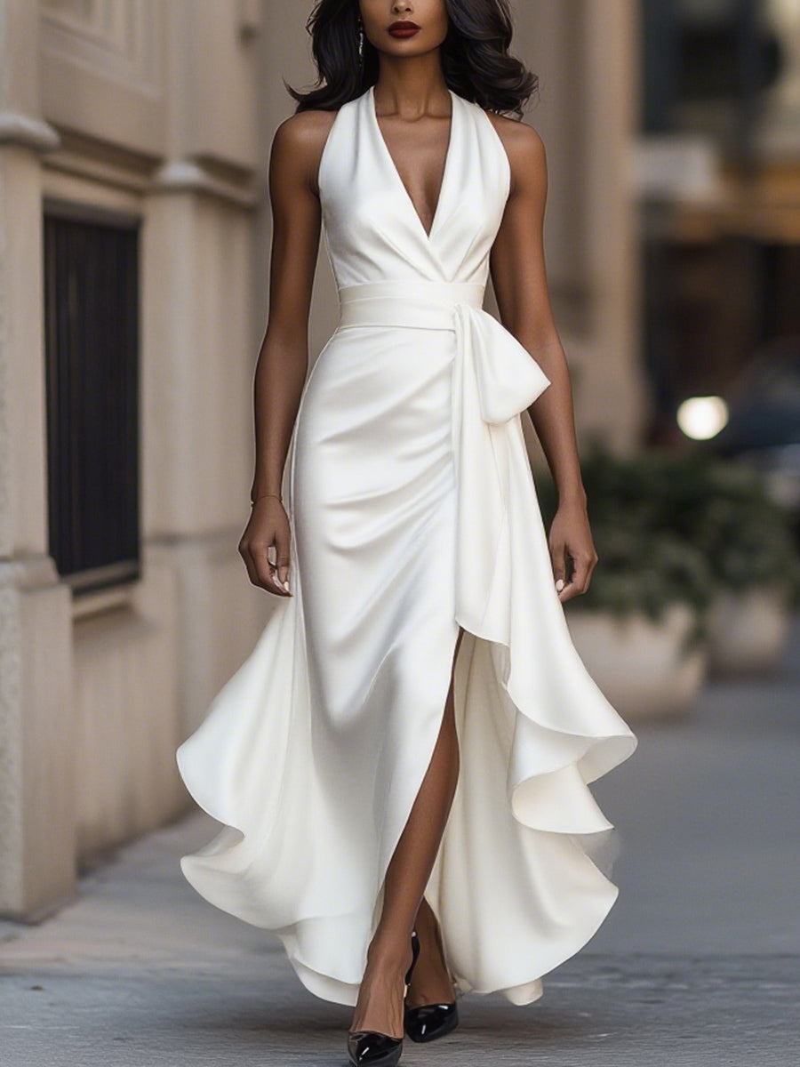 Elegant Draped Satin Maxi Dress for Women, Evening
