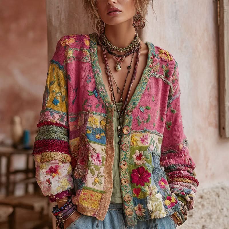Cardigan patchwork floreale bohémien da donna