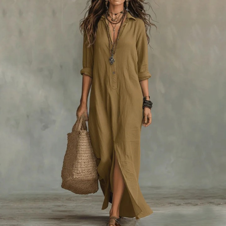 Abito lungo casual con scollo a V da donna maniche 3/4