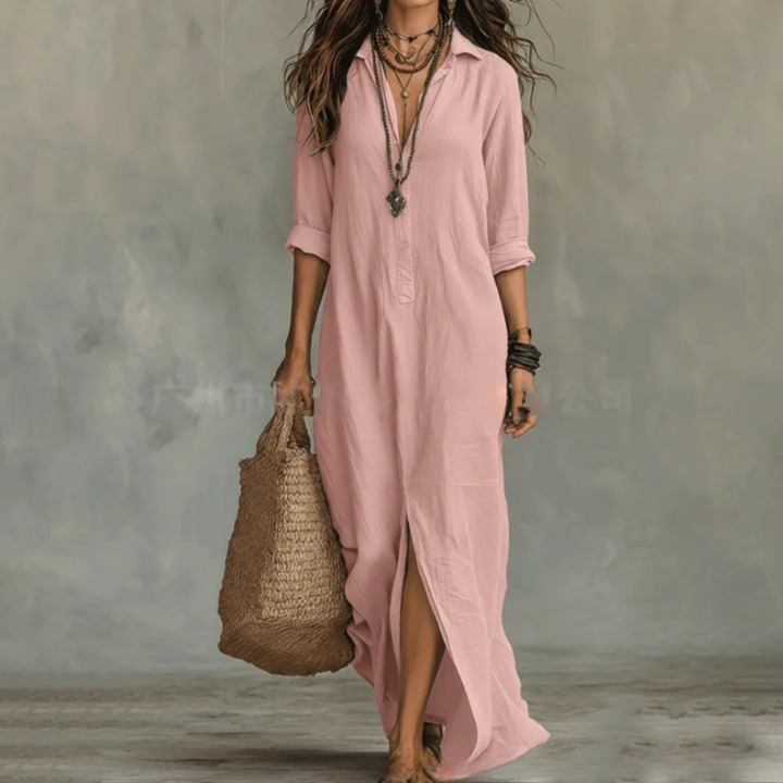 Vestido largo maxi con cuello en V y abertura para mujer