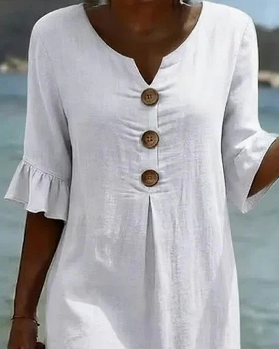 Robe Courte Décontractée à Boutons Décoratifs et Manches Volantées pour Femme