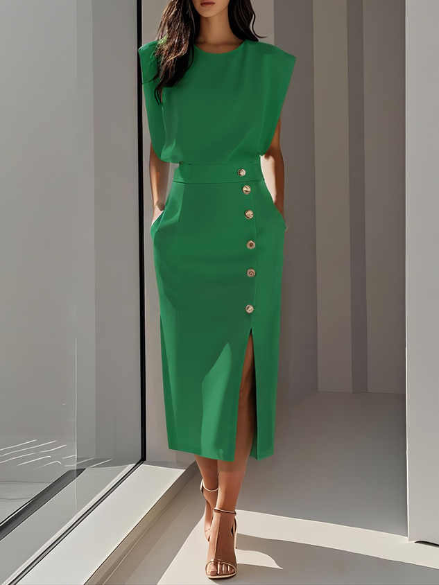 Vestito midi donna senza maniche con vita aderente e bottoni decorativi