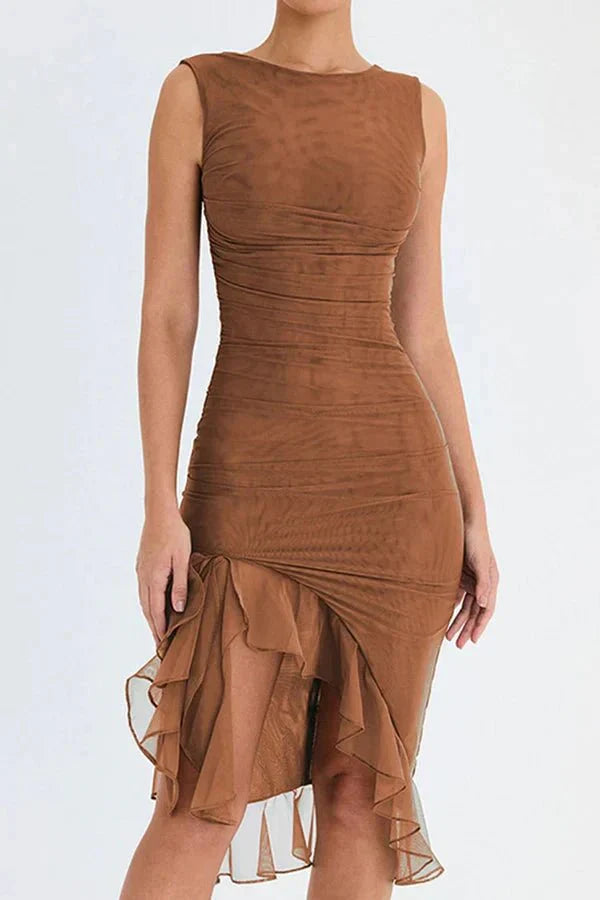 Robe Midi Femme Ajustée à Volants Asymétrique et Silhouette Sculptante