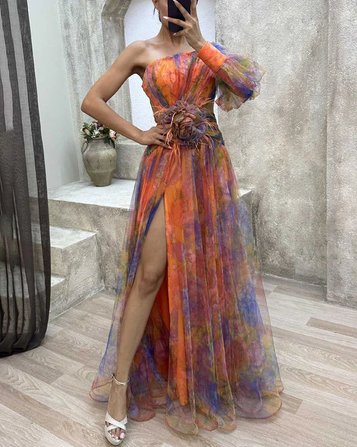 Women's Long Asymmetric Floral Evening Dress with Slit