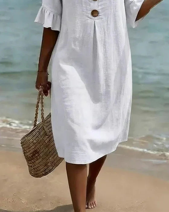 Robe Courte Décontractée à Boutons Décoratifs et Manches Volantées pour Femme