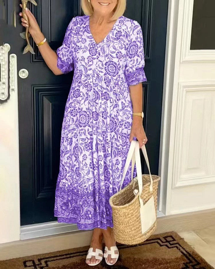 Abito midi da donna con scollo a V e motivo floreale