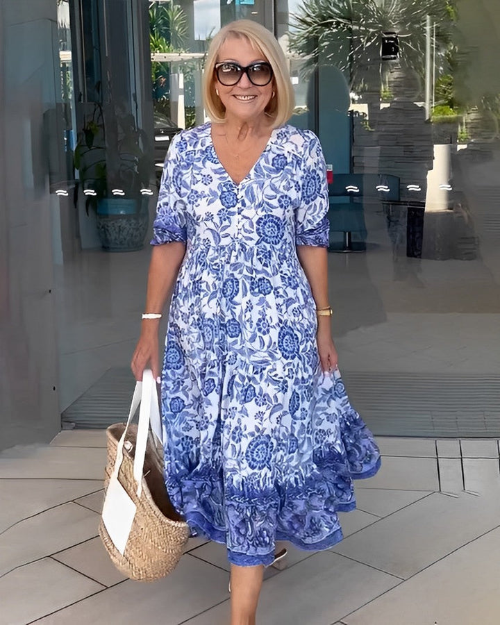 Abito midi da donna con scollo a V e motivo floreale