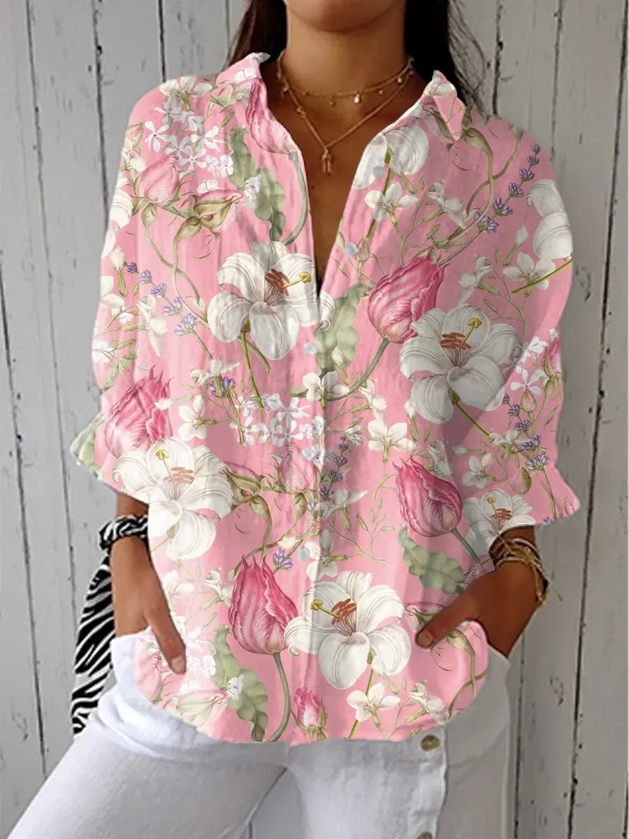 Blouse fleurie rose femme col V