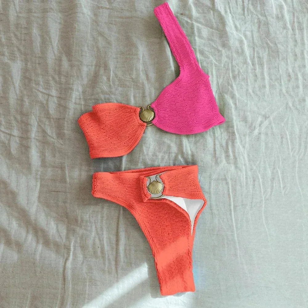 Bikini asymétrique femme anneau texturé