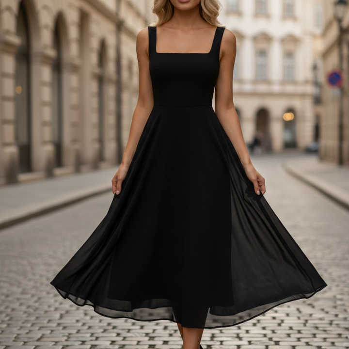 Bílé midi šaty s hranatým výstřihem bez rukávů, elegantní