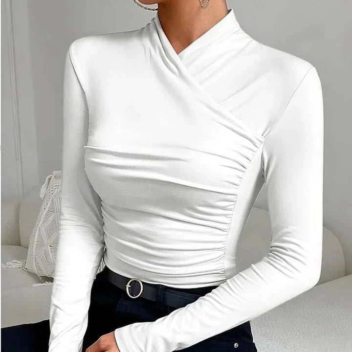Dámský elegantní drapovaný top s dlouhými rukávy a překříženým vysokým límcem
