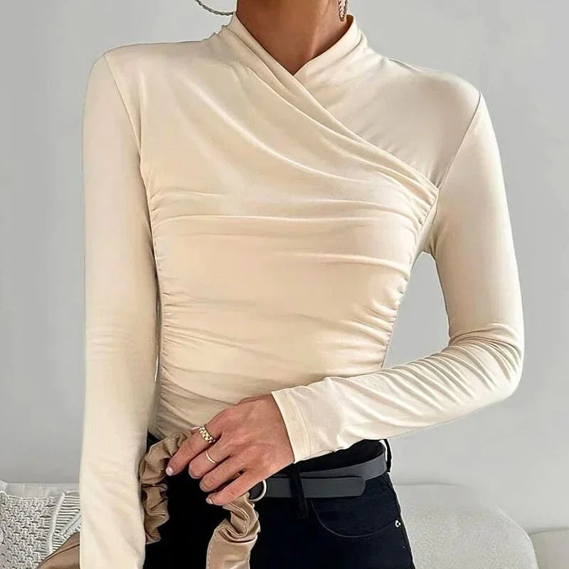 Dámský elegantní drapovaný top s dlouhými rukávy a překříženým vysokým límcem