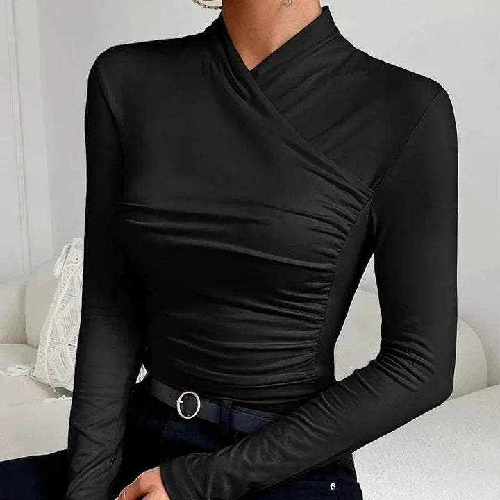 Dámský elegantní drapovaný top s dlouhými rukávy a překříženým vysokým límcem