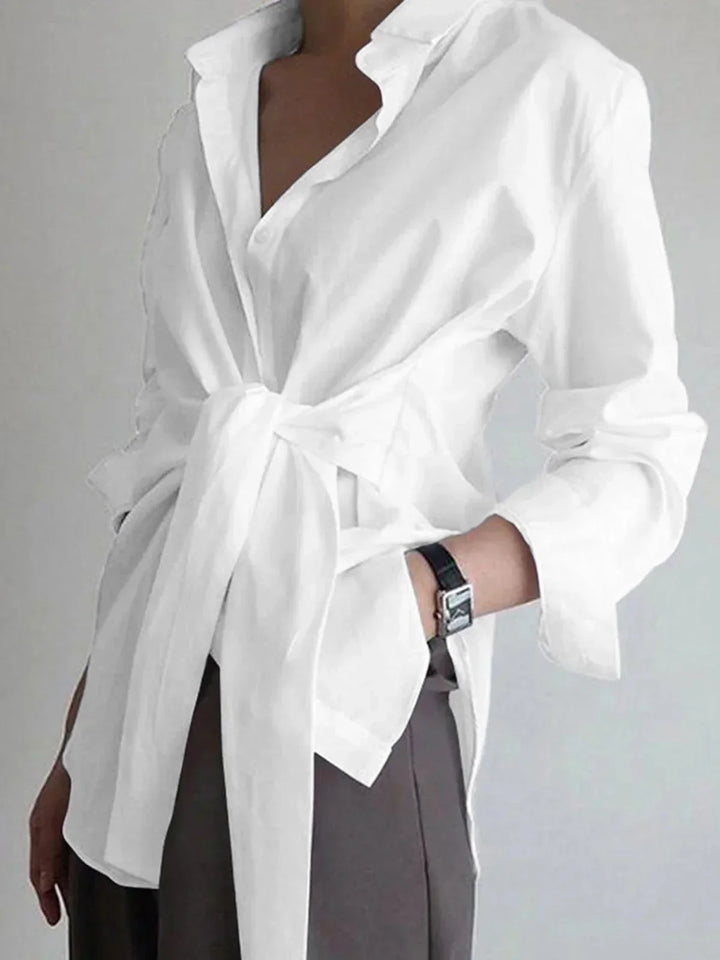 Chemise Femme Oversize à Manches Longues avec Ceinture Nouée Devant