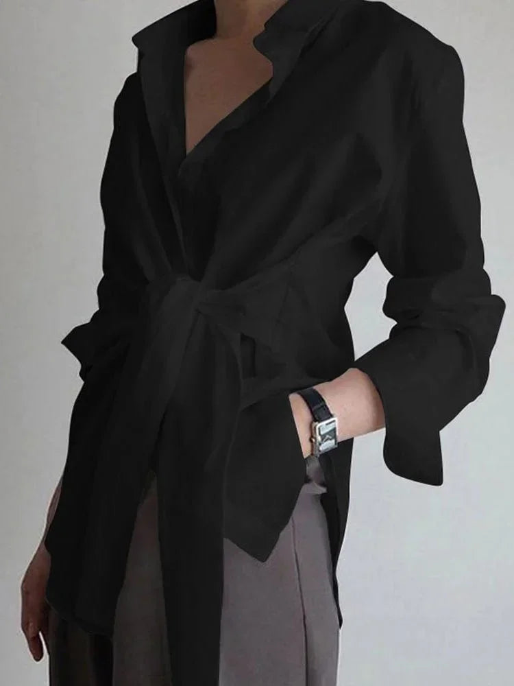 Chemise Femme Oversize à Manches Longues avec Ceinture Nouée Devant