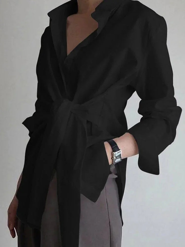 Chemise Femme Oversize à Manches Longues avec Ceinture Nouée Devant