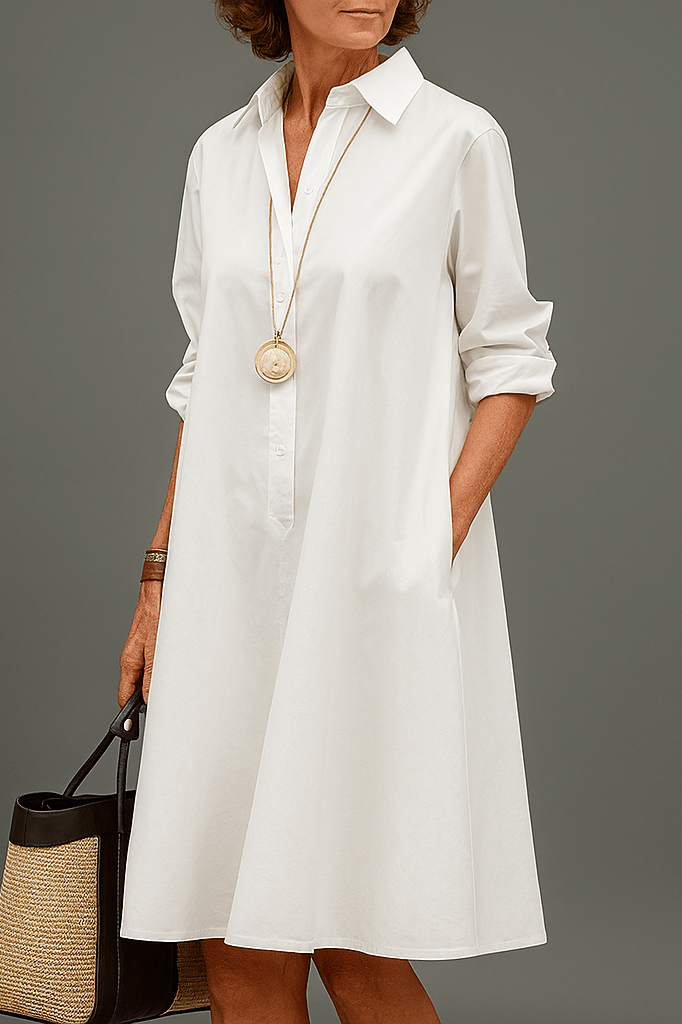 Abito midi bianco con colletto e taglio casual da donna
