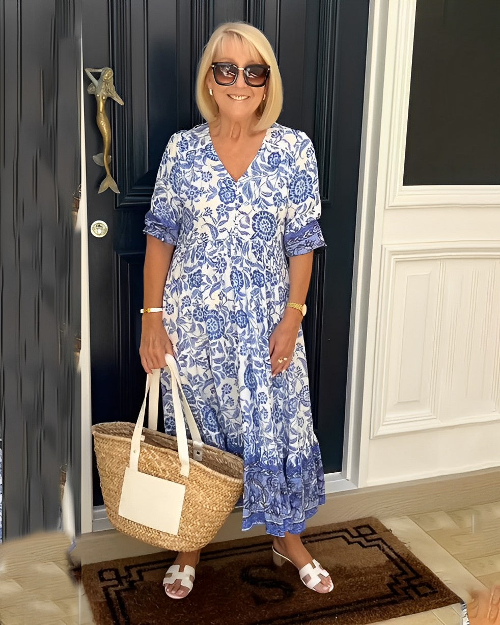 Abito midi da donna con scollo a V e motivo floreale
