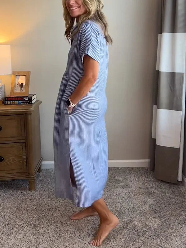 Robe Midi Chemise Rayée à Coupe Fluide et Élégance Décontractée