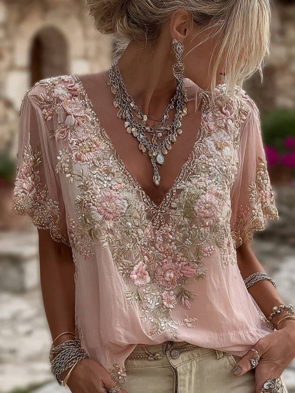 Blouse pour femme à col en V et détails brodés