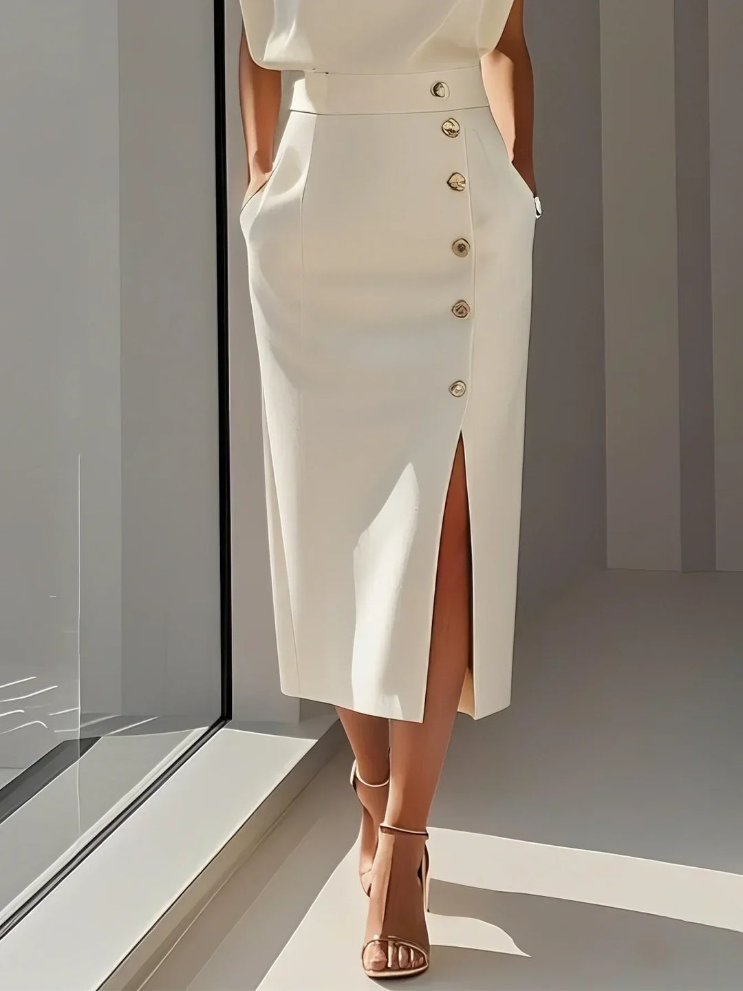 Elegantní midi šaty bez rukávů s dekorativními knoflíky