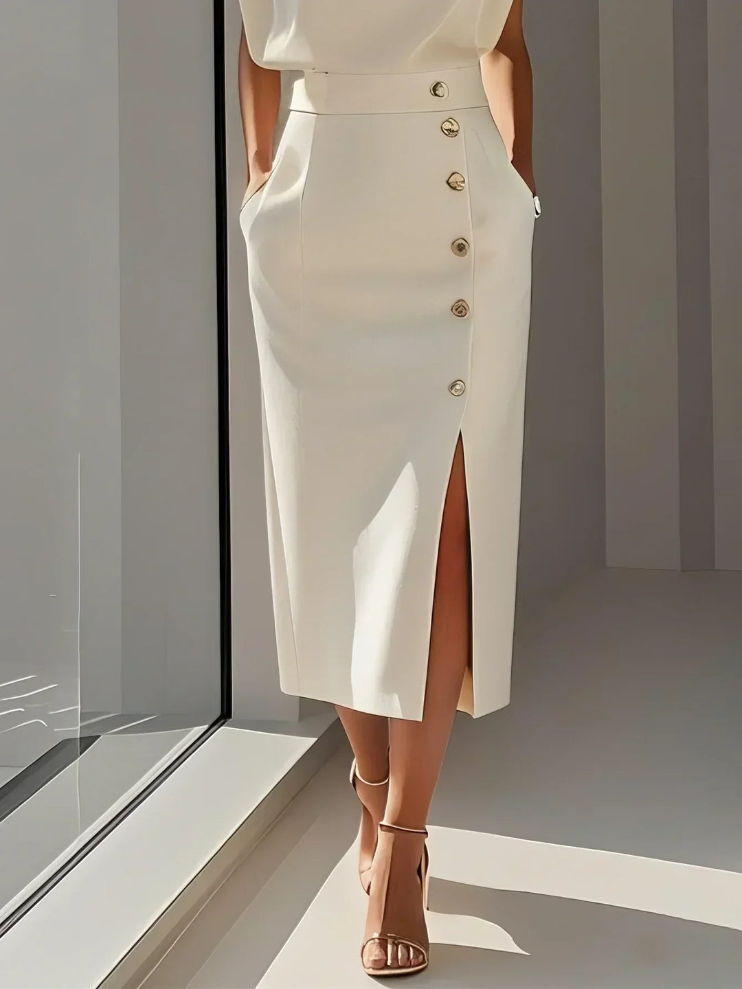 Vestito midi donna senza maniche con vita aderente e bottoni decorativi